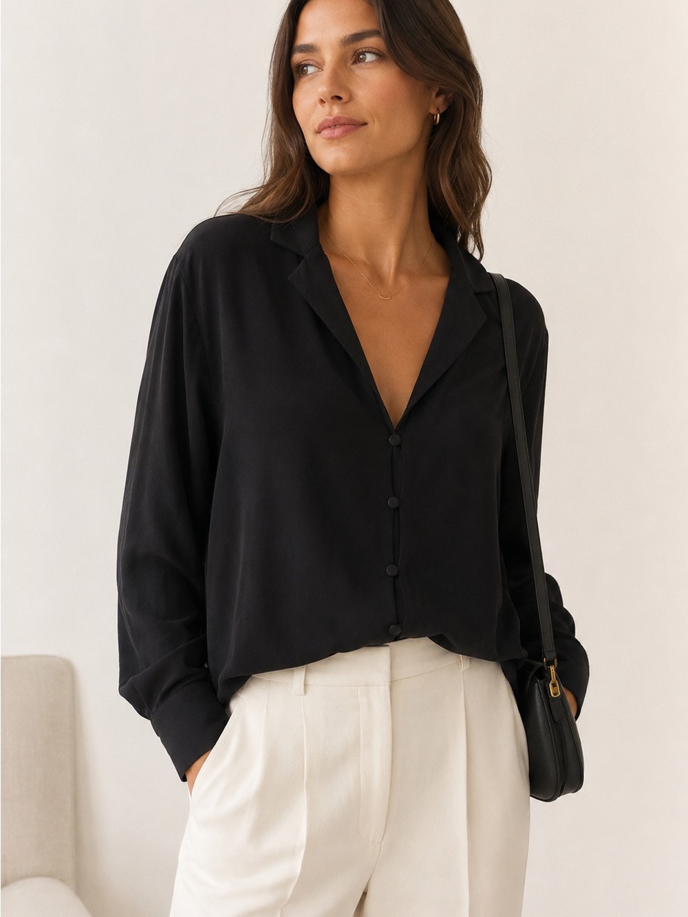 & Other Stories Black Notch-Collar Button-down Blouse Career Casual Minimalist